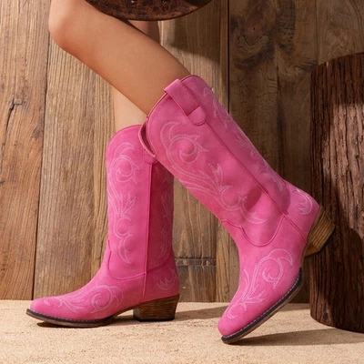 Women Western Boots Square Toe Pull On Cowboy Cowgirl Mid Calf Boots - Image 1 of 4