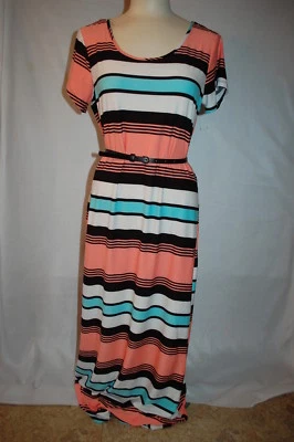 VESTIDO MAXI FEMININO com cinto PEACH AQUA PRETO BRANCO listrado PAINEL DE RENDA tamanho M 8-10 - Imagem 1 de 3