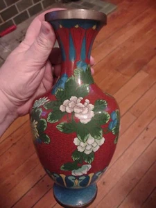 Antique Asian Cloisonné Vases, Rusty Red Floral Older Marked Vases - Picture 1 of 9