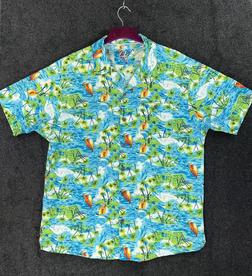 Vintage Summer Hawaiian Shirt "Easy" Men's Size L Palm Trees & Boat Q - Image 1 of 4