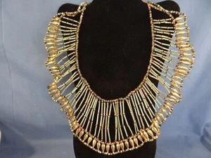 Beaded Bib Necklace VTG 70's African Handmade Turquoise w/ Brass Shells Tribal - Picture 1 of 3