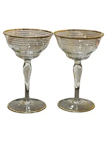 2- Champagne Coupe/ Wedding Glasses 5 Bands Of Gold Trim One Band On Base MCM/ - Picture 1 of 7