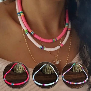 Women Men Boho Necklace Colorful Soft Polymer Clay Beaded Choker Jewellery Gift - Picture 1 of 35