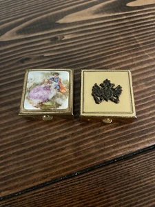 Vintage Gold Tone French Limoges Porcelain Scene Pill Trinket Box Lot Of 2 - Picture 1 of 8
