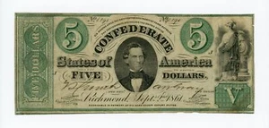 Billete de $5 de los Estados Confederados de América de 1861 T-33 - Era de la GUERRA CIVIL - Imagen 1 de 2