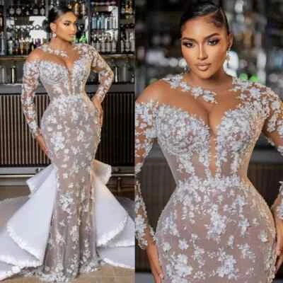 Plus Size Wedding Dresses Mermaid Long Sleeves Detachable Train Bridal Gowns - Image 1 of 4