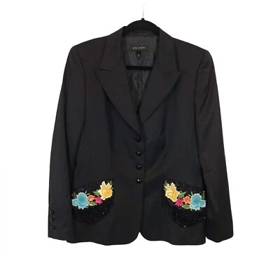 Chaqueta Blazer Escada 100% Nueva Lana Negra Lentejuelas Cuentas Floral Para Mujer Talla 40 Foto 1 de 4