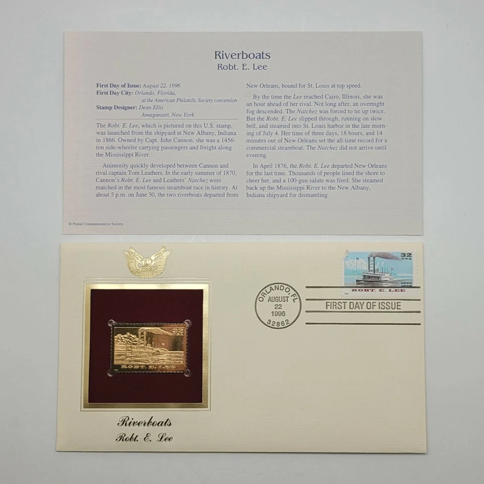 5 Riverboats 22kt Gold Stamps First Day of Issue 32 Cent August 22, 1996. STP59 - Image 1 of 4