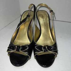 ANNE KLEIN AK “MANCINI" BLACK PATENT SLINGBACK 3.5" RATTAN HEEL PUMPS Size 6.5 - Picture 1 of 6