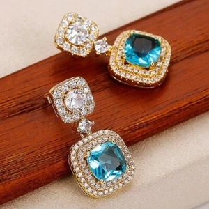 4.20Ct Cushion Cut Lab Created Topaz Halo Dangle Earrings 14K Yellow Gold Plated - Picture 1 of 6
