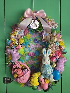 Easter Egg Shaped Spring Wreath Bunny Easter Eggs Basket Chicks Handmade 16" - Picture 1 of 7