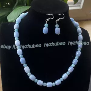 Pendientes Gancho 6mm Redondos/9x11mm Cilindro Azul Aguamarina Gemas Cuentas + Collar 18" - Imagen 1 de 8