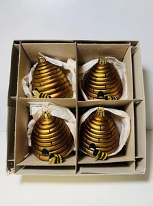 Bee Hive with Bee Blown glass Made In Czech Republic Ornament 2-5/8" Set of 4 - Picture 1 of 8