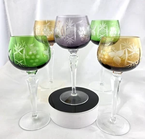 VINTAGE BOHEMIAN CUT-TO-CLEAR MULTICOLOR Crystal WINE GLASSES 8" - SET OF 5 - Picture 1 of 6
