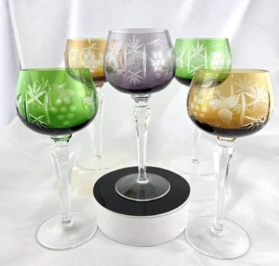 VINTAGE BOHEMIAN CUT-TO-CLEAR MULTICOLOR Crystal WINE GLASSES 8" - SET OF 5 - Image 1 of 4