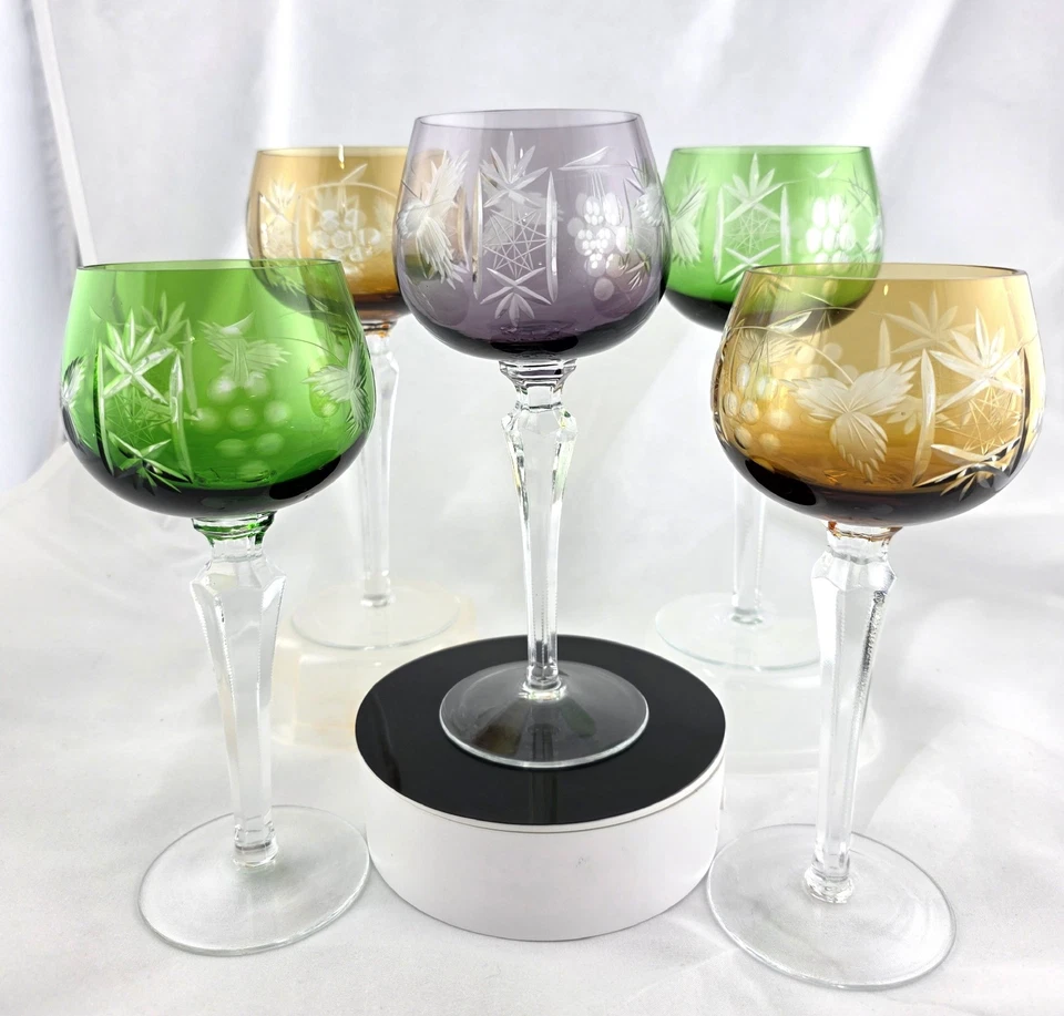 VINTAGE BOHEMIAN CUT-TO-CLEAR MULTICOLOR Crystal WINE GLASSES 8" - SET OF 5 - Image 1 of 4