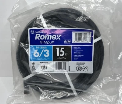 Southwire 15 pies 6/3 negro trenzado Romex SIMpull CU CASI NUEVO-B con cable G Foto 1 de 2
