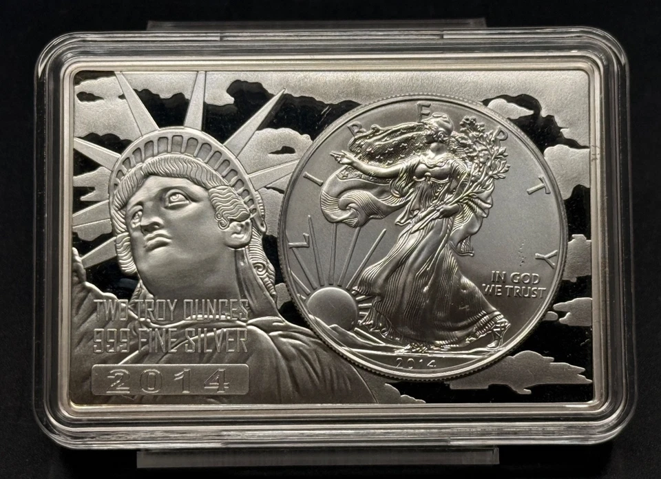 2014 American Silver Eagle With Insert Proof Bar 3 Troy Oz .999 Total - Image 1 of 2
