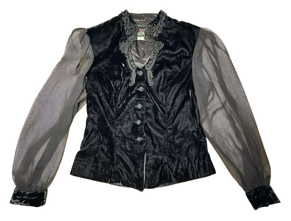 David Rose Velvet Blouse Sheer Sleeves Black Embroidered Victorian Cosplay Goth - Image 1 of 4