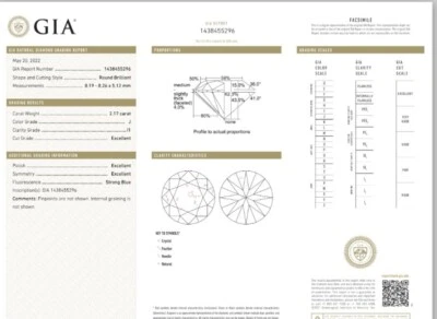 Certificado GIA 2.17ct J Color I1 Redondo Brillante Triple Excelente Corte Diamante Foto 1 de 2