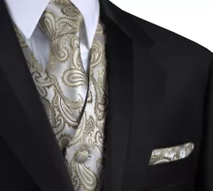 MEN'S DARK CHAMPAGNE PAISLEY TUXEDO VEST TIE & HANKIE. WEDDING DRESS FORMAL PROM - Picture 1 of 5
