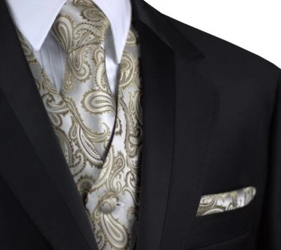 MEN'S DARK CHAMPAGNE PAISLEY TUXEDO VEST TIE & HANKIE. WEDDING DRESS FORMAL PROM - Image 1 of 4