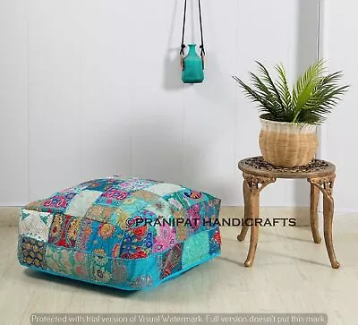 Vintage square 24" Turquoise cotton Embroidered Patchwork Ottoman Cushion cover - Image 1 of 4