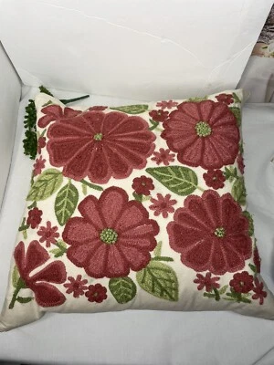 BROAD House Embroidered Floral Duck Feather Throw Pillow Jungalow 20 X 20" Zip - Image 1 of 4