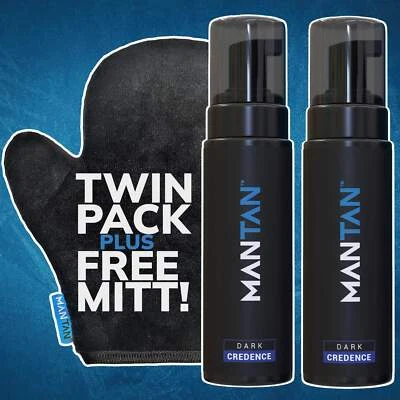 MANTAN Mens Fake Tan Twin Pack with FREE Tanning Mitt - Self Tan For Man