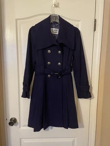 Guess Wool Blend Blue Coat Double Breasted Belted Size M Ornate Buttons Retro - Picture 1 of 13
