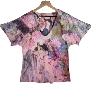 Weiche Umrandung Blumen Aquarell Top Bluse Gr. M ausgestellte Ärmel künstlerisch Boho - Bild 1 von 6