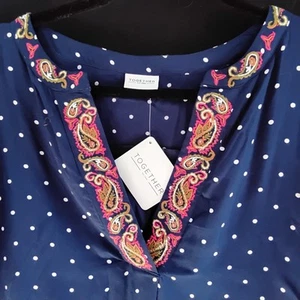 TOGETHER Ladies long Navy Spot Embroidered Tunic Dress Pockets Size 18 New - Picture 1 of 3