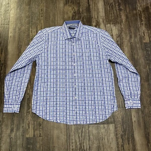 Bugatchi Shaped Fit Blue White Checked Shirt XXL Contrast Cuff Button Up - Picture 1 of 8