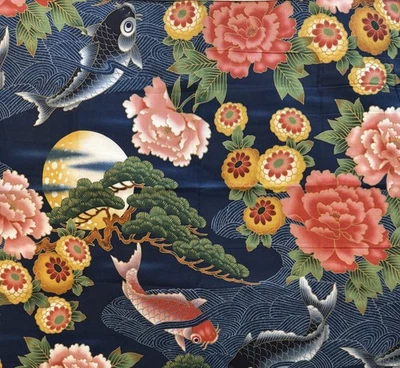 RPJ07 KONA BAY Rare Asian Koi Fish Wave Japanese Cotton Quilt Fabric 17"x21" - Image 1 of 2