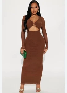 Fashion Nova Kristen Mesh Maxi Dress Brown Mesh Long Sleeve Sz Large NWT - Picture 1 of 15
