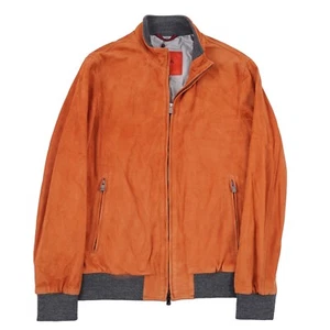 Isaia Napoli Orange Washed Soft Suede Leather Bomber Jacket M (Eu 50) NWT - Picture 1 of 12