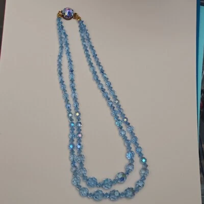 Ancien collier 2 rangs perles aurora borealis bleu ciel années 50/60 - Photo 1/4
