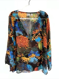 Top floral oscuro transparente 100 % seda Chico's para mujer talla 3 grande hada - Imagen 1 de 5