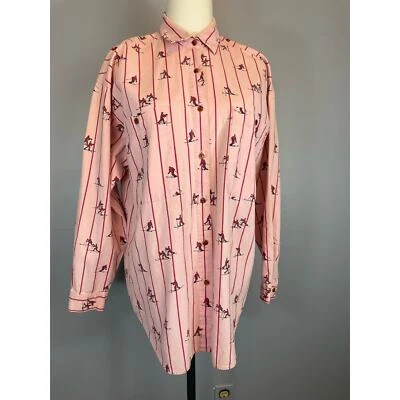 Vtg 1980s Pink Skier Novelty Print Shirt Cotton Med Geoffrey Hunter Preppy Chad - Image 1 of 4