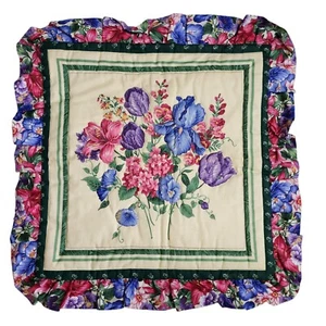 Vtg Ruffle Floral Bouquet Pillow Cover Kitschy Quilted Appliqued Square Flowers - Picture 1 of 5