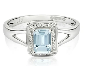Real Aquamarine and Diamond Ring Solid White Gold Emerald Cut Cluster Size J-Q - Picture 1 of 7