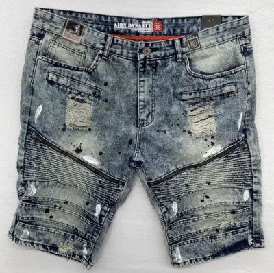 Lion Dynasty Mens Premium Denim Shorts Sz 38 Blue Factory Destroyed paint splash - Image 1 of 4