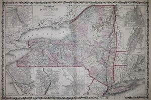 Old 1861 Johnson Atlas Map ~ New York State - Albany - Troy - Long Island