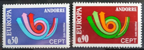 Andorra, French 1973 Europa, Arrows Posthorn Design, Set of 2, UNM / MNH Cover