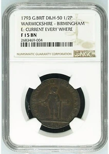 1793 GREAT BRITAIN D&H-50 1/2P WARWICKSHIRE BIRMINGHAM -NGC F 15 BN - Picture 1 of 2