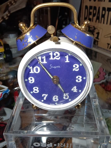 Vintage Sheffield West Germany Wind Up White & Purple Alarm Clock Rare NR Cover