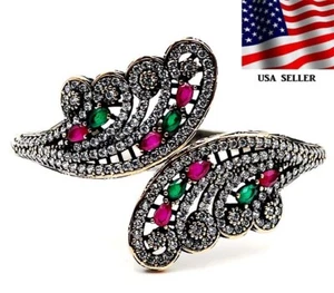 Ottoman Empire Style 15CT Treated Emerald & Ruby 925 Sterling Silver Bracelet - Picture 1 of 3