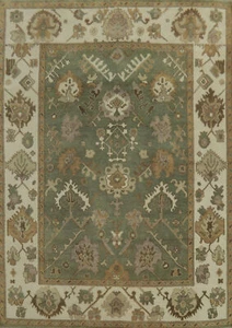 Green/ Ivory Authentic Hand-Knotted Oushak Indian Large Rug 9x12 ft Carpet - Picture 1 of 14