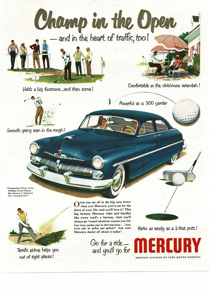 1950 MERCURY Blue Sports Sedan 4 portas portas suicidas arte golfe anúncio vintage  - Imagem 1 de 1