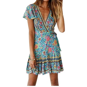 Ruffle Wrap V Neck Bohemian Floral Pint Swing Midi Dress Women Size Large - Picture 1 of 12